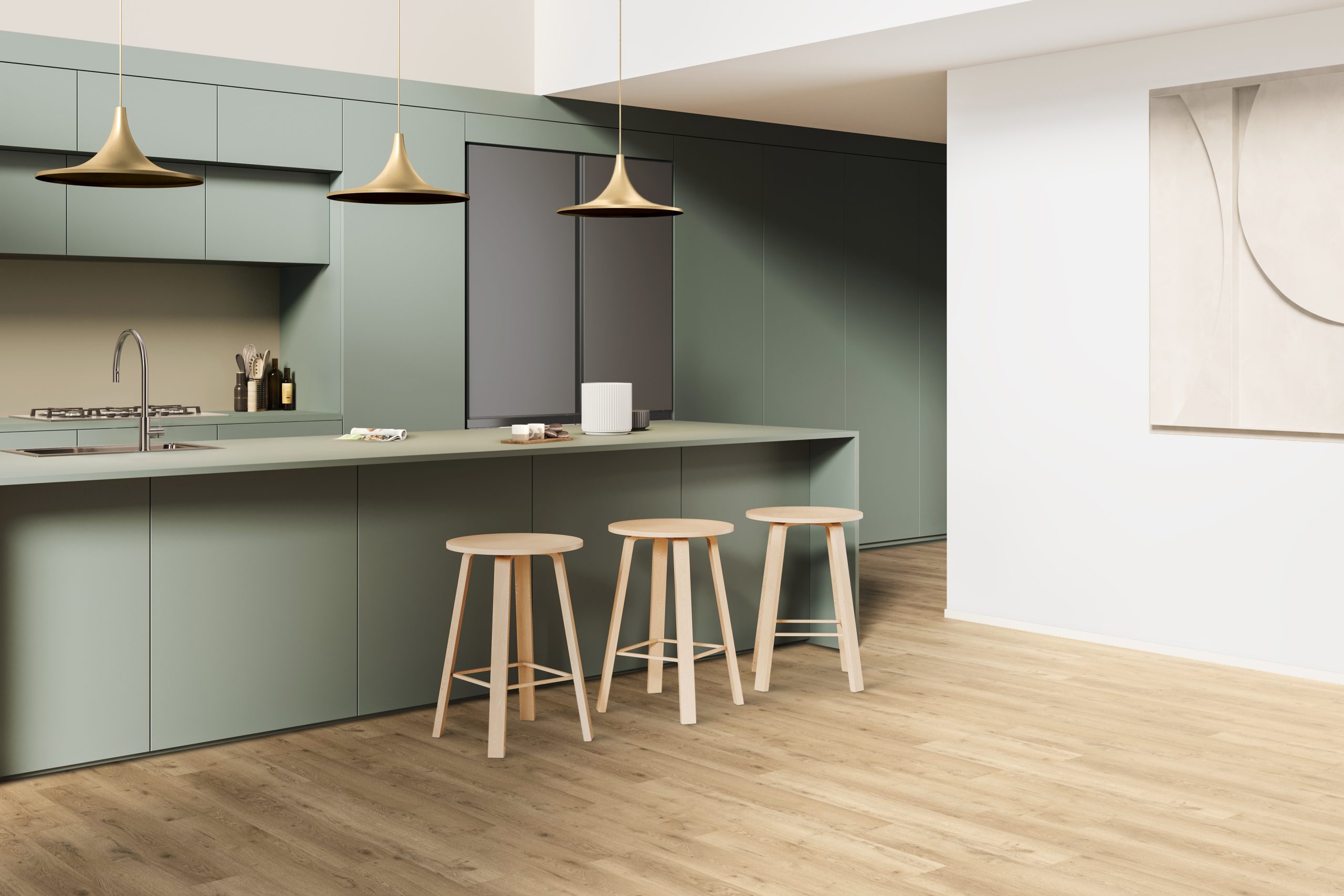 Modern kitchen interior with bar island and cabinet with refrigerator