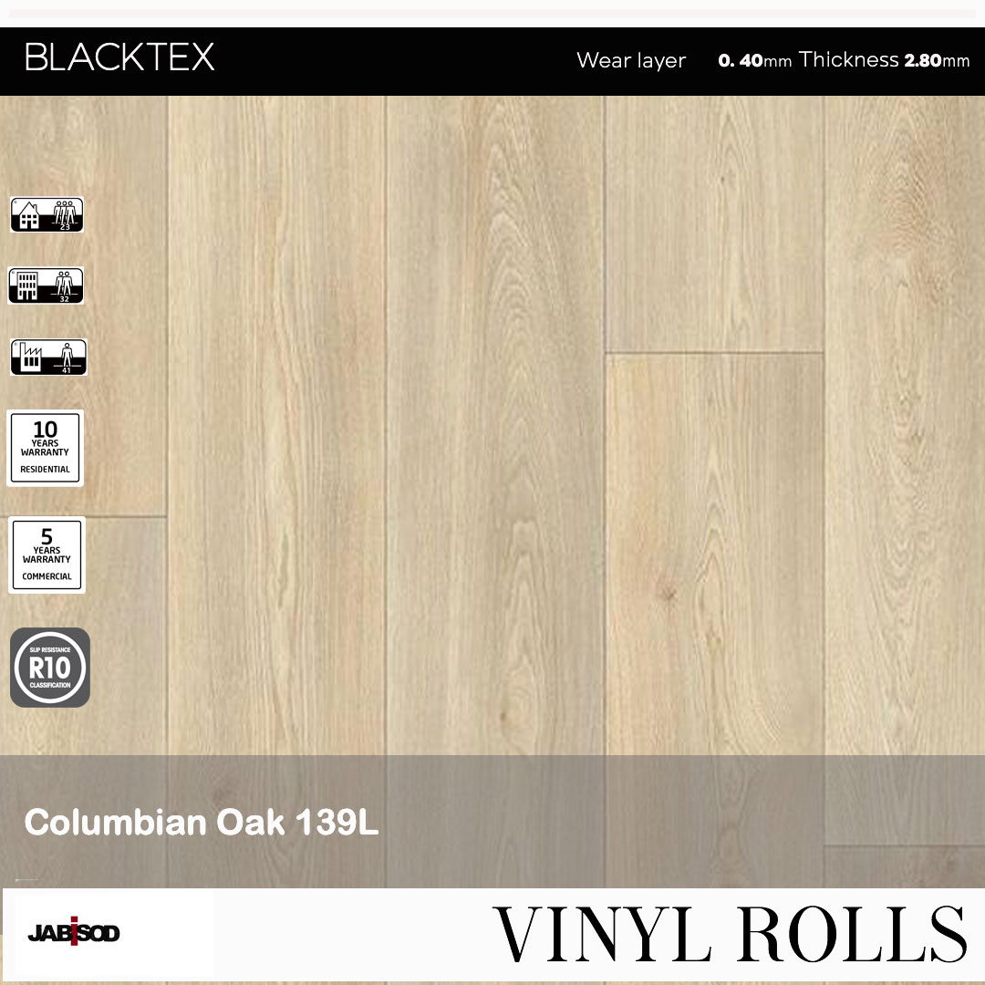 Colombian Oak 139L in cushion vinyl rolls, Blacktex collection