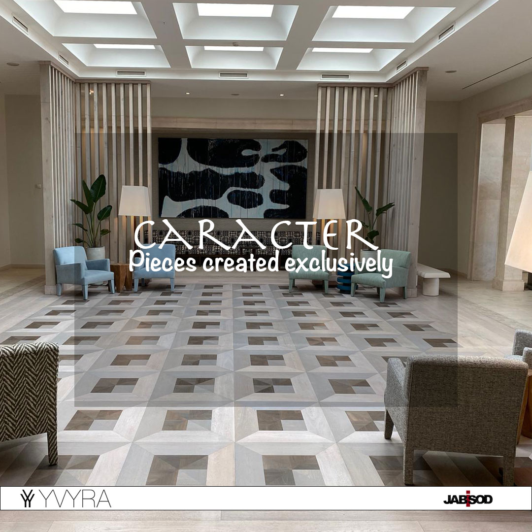 customized caracter engineered wood floor installed in a hotel lobby
