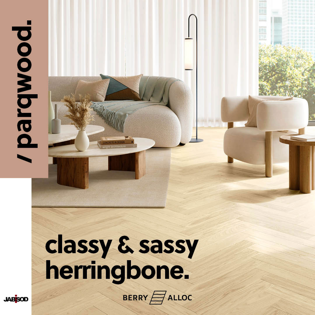 Classy sassy herringbone Parqwood engineered woof floor room shot